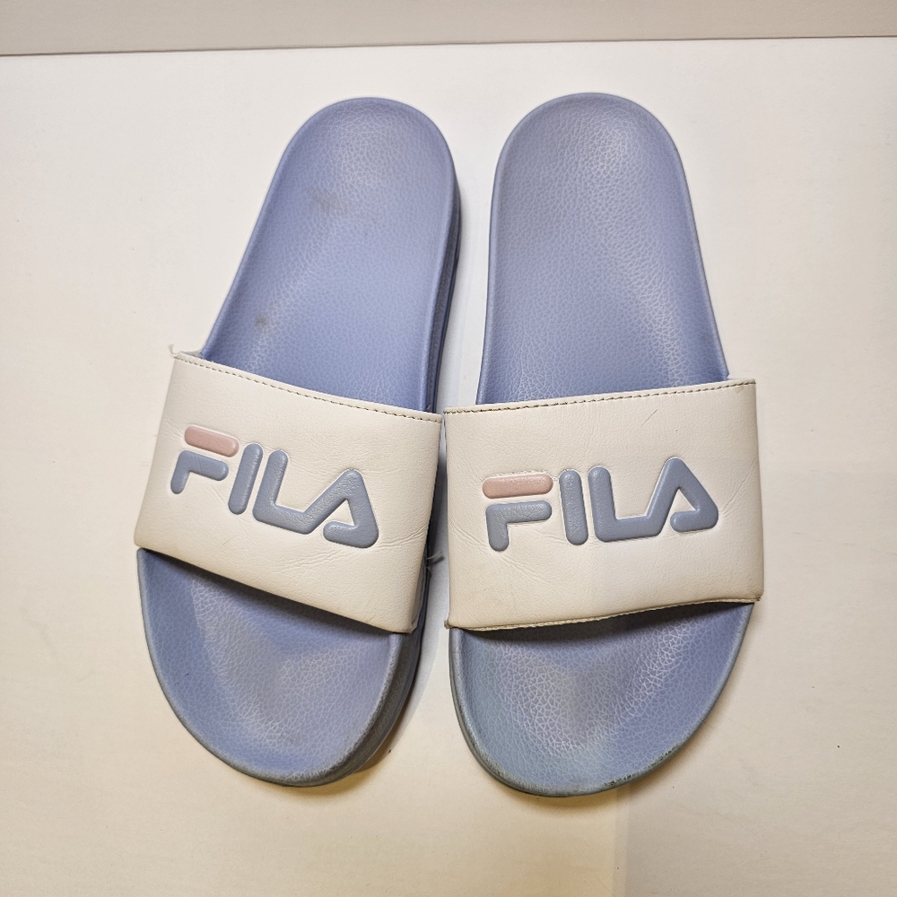 Fila baby blue and white slides size 8M US